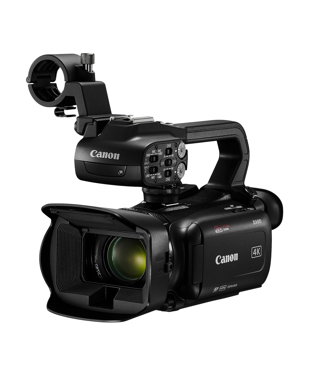 Canon XA60 front view shows a compact design for on-location 4K capture.