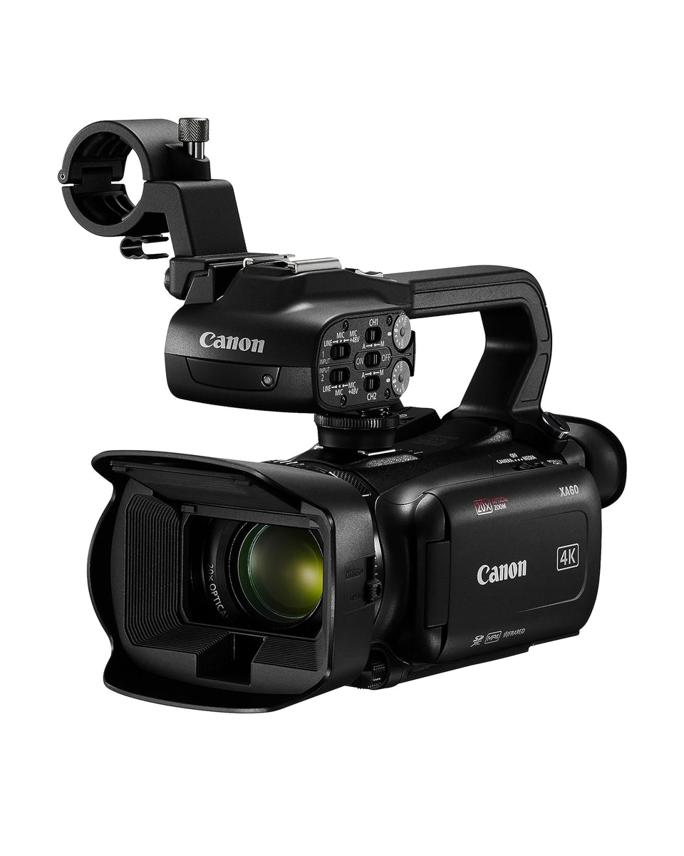 Canon XA60 front view shows a compact design for on-location 4K capture.