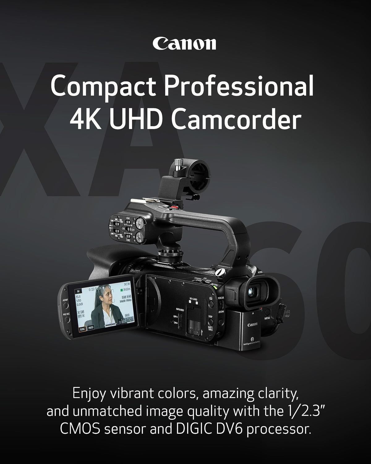 Canon XA60 side profile highlights the 20x zoom lens for distant subjects.