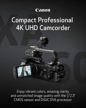Canon XA60 side profile highlights the 20x zoom lens for distant subjects.