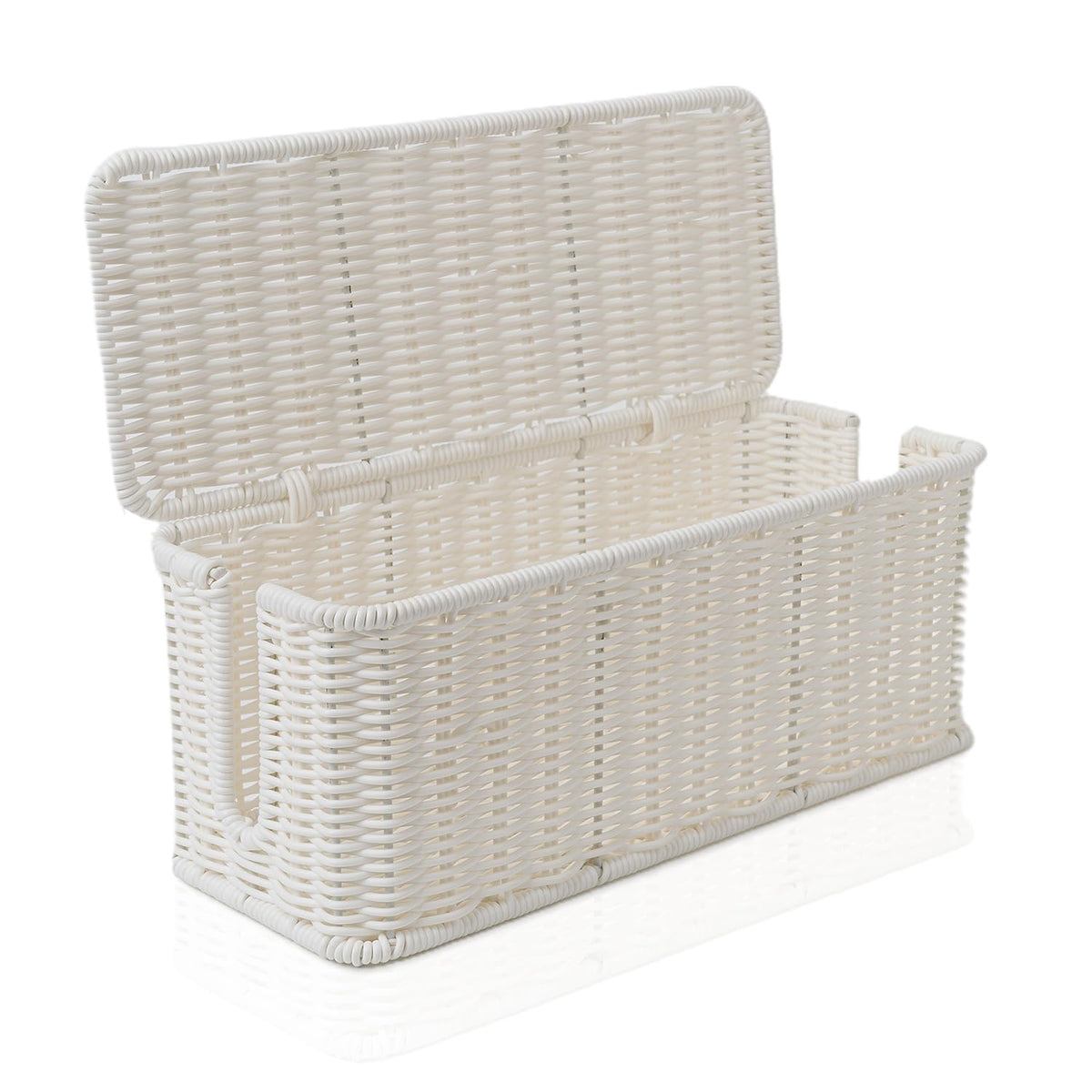 Cantalop front view of white cable box showing decorative rattan and clean silhouette benefits aesthetic organization