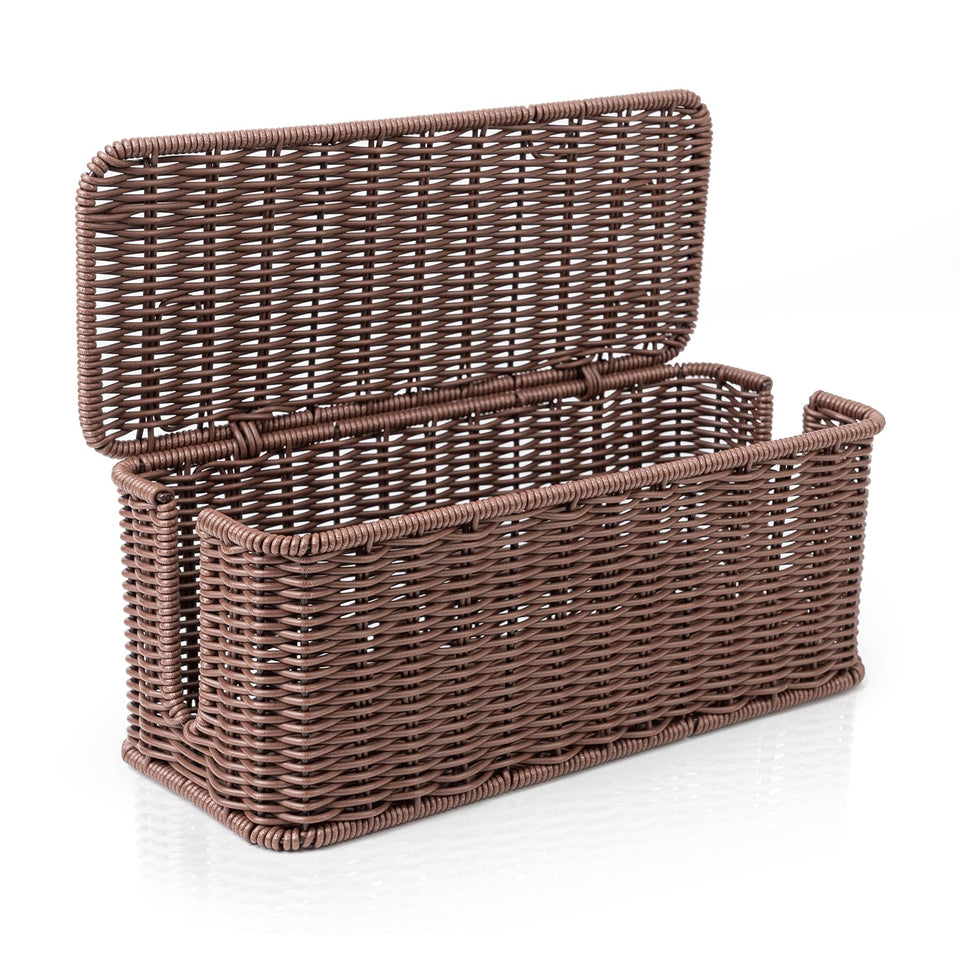 Cantalop front view showing tidy rattan box and hidden cords for cleaner spaces