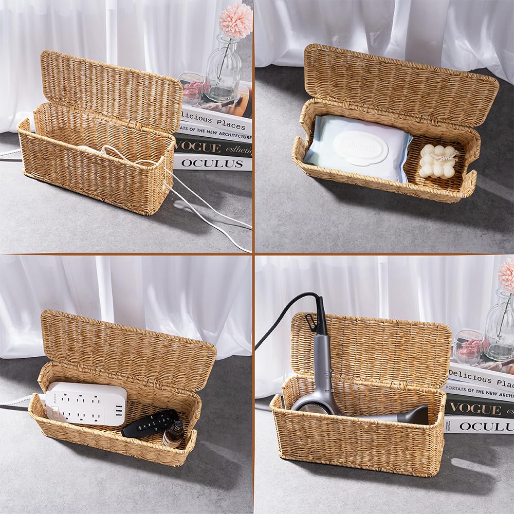 Cantalop on living room console hides cords and complements decor