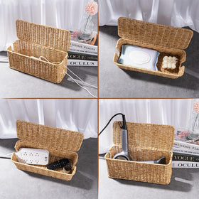 Cantalop on living room console hides cords and complements decor