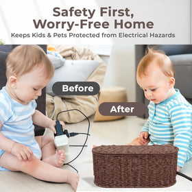 Cantalop enclosed box beside pet showing child and pet-safe cable protection