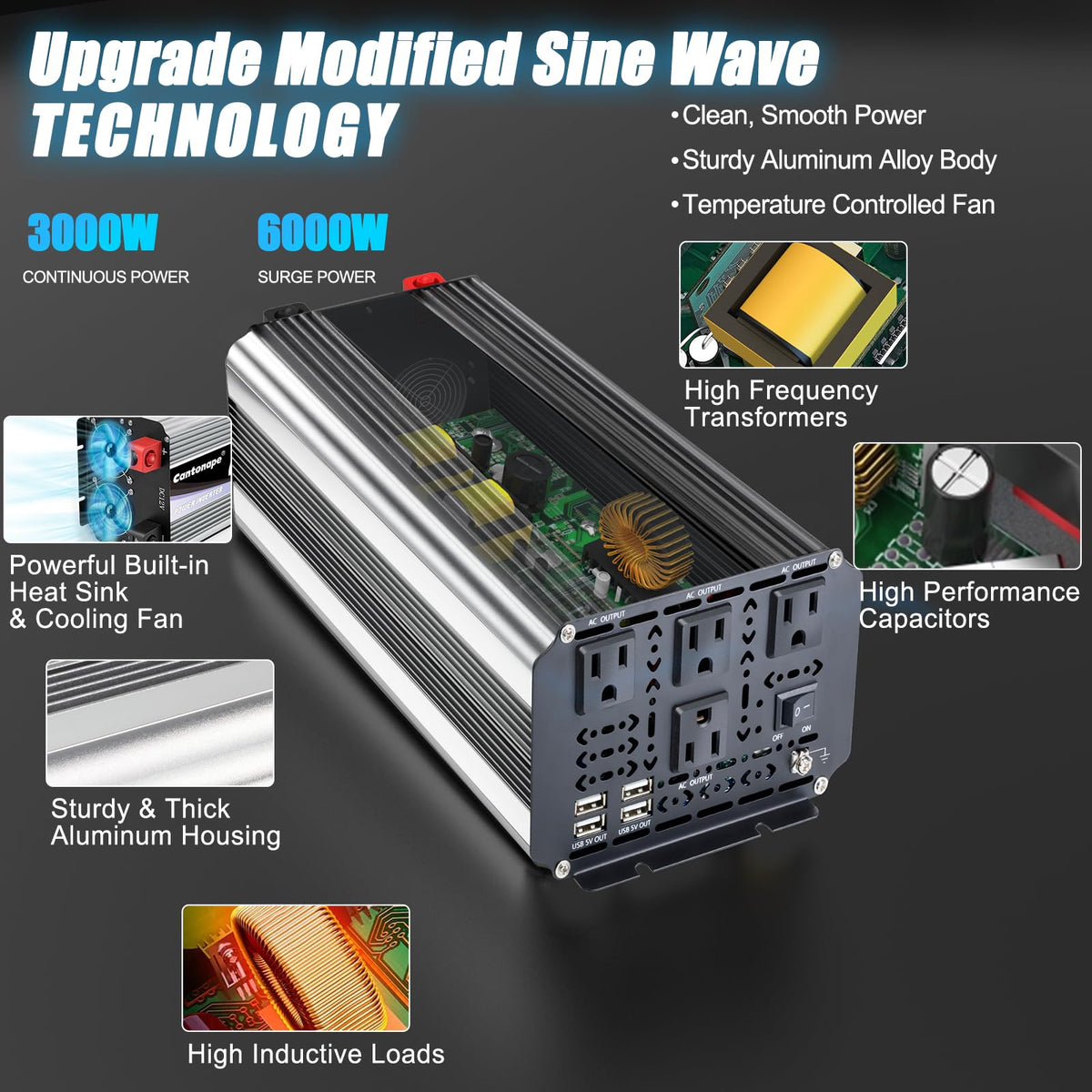 Cantonape 3000W four AC outlets powering multiple devices at once.