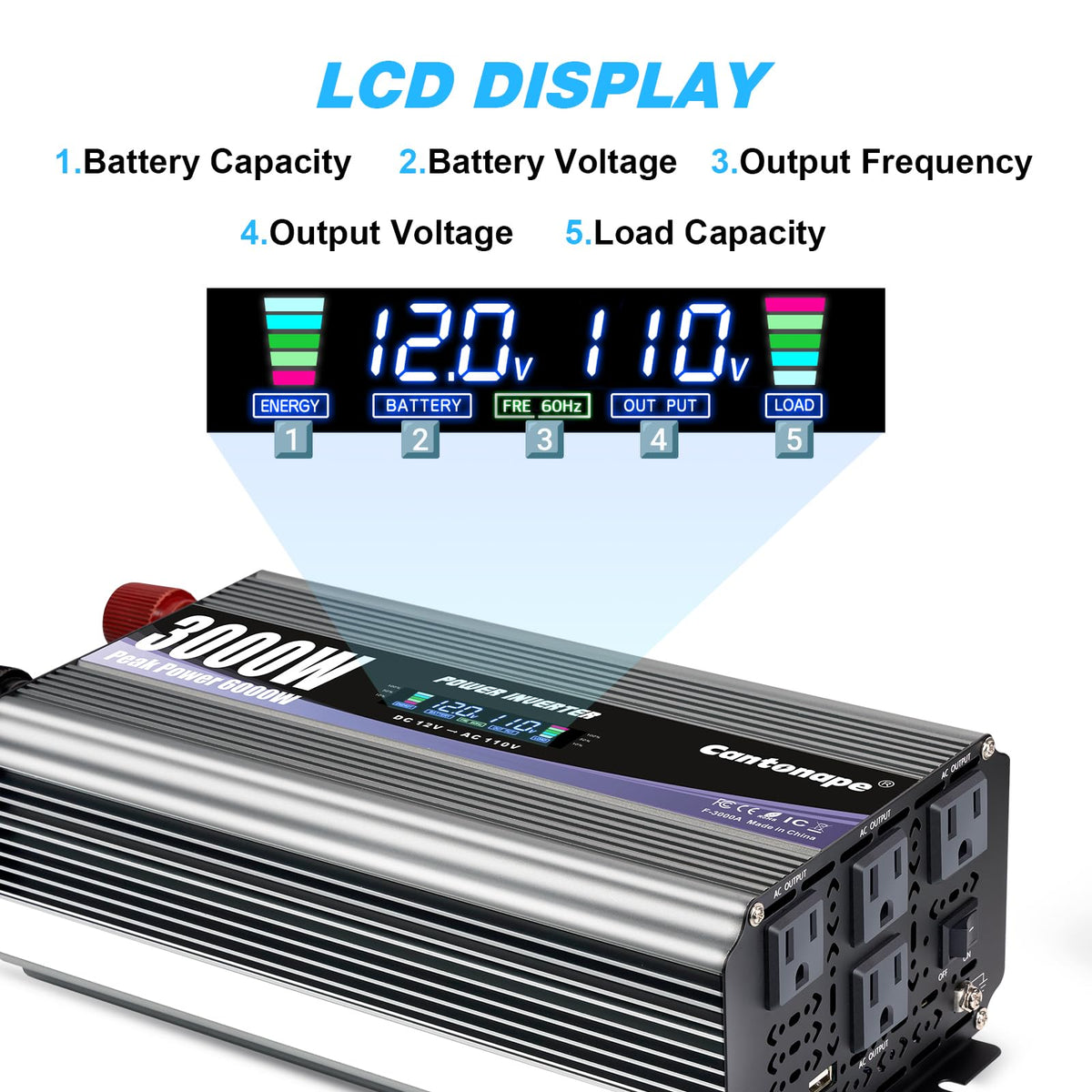 Cantonape 3000W power inverter back panel highlighting connections for easy installation on trucks and boats.