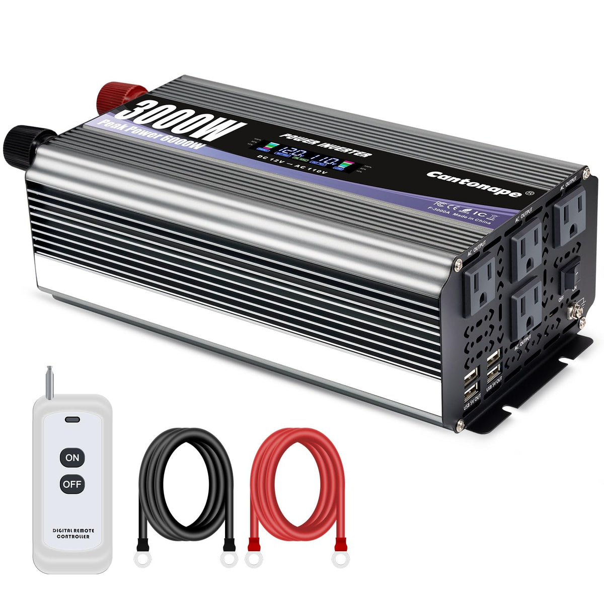 Cantonape 3000W power inverter front view with four AC outlets for versatile vehicle use.