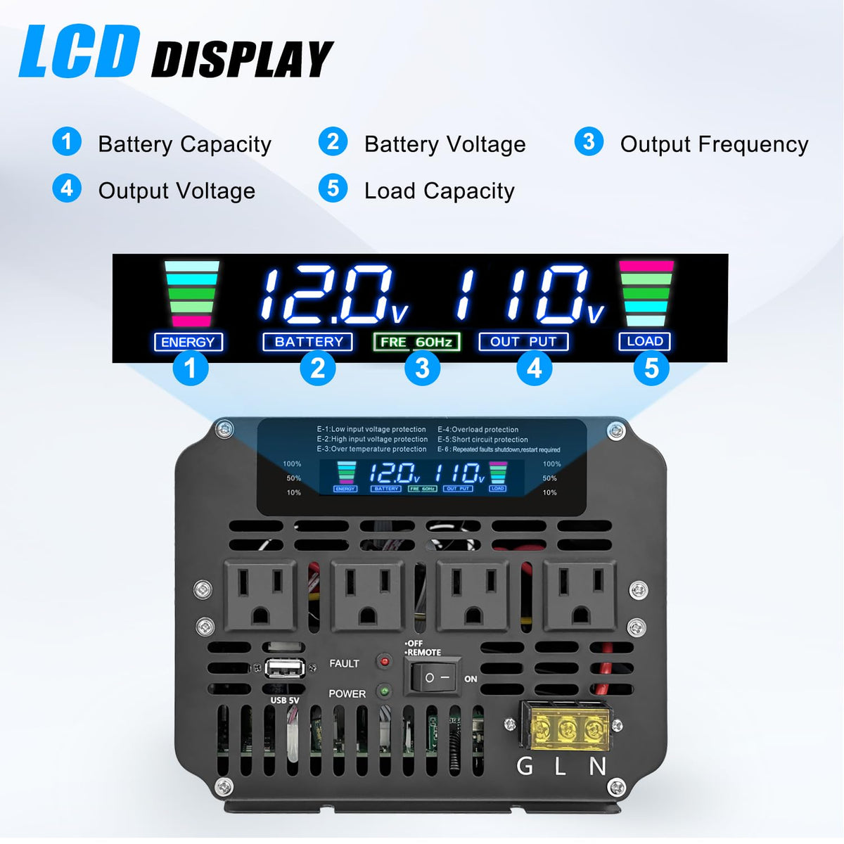 Cantonape 5000W inverter LCD display shows input and output status for quick checks.