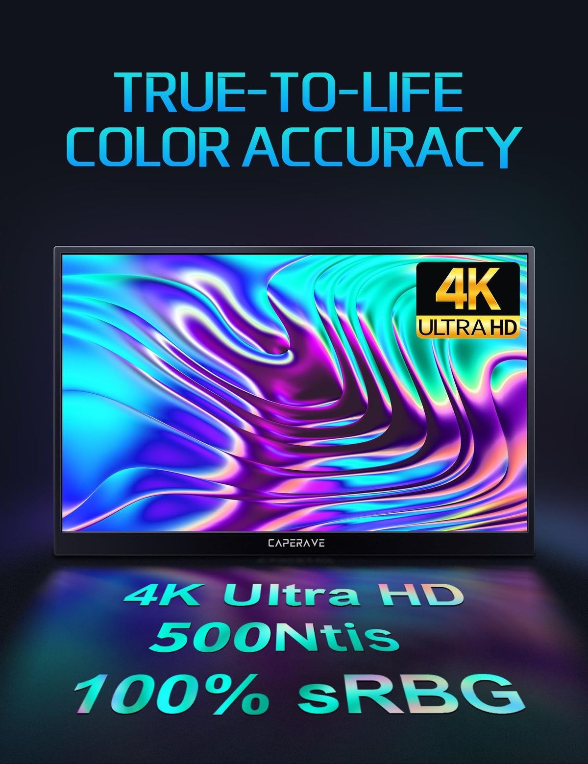CAPERAVE 4K monitor with Thunderbolt/USB-C ports, single cable power and display.
