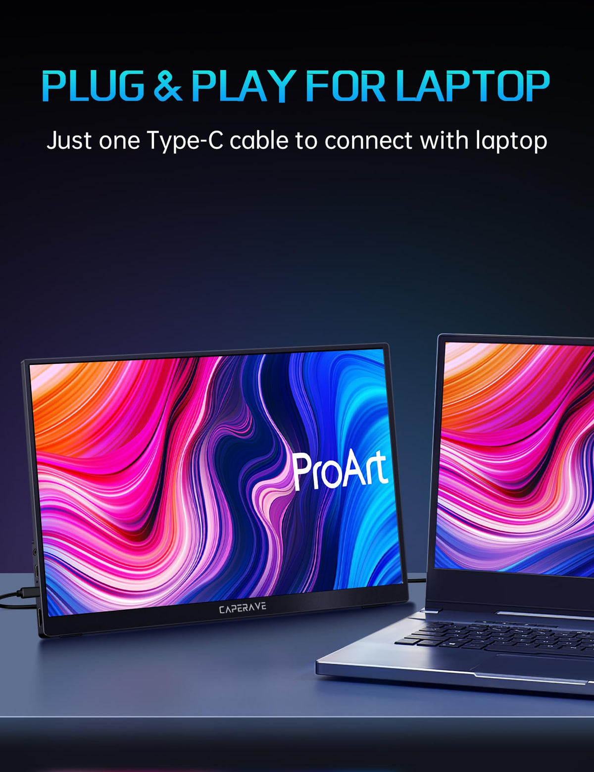CAPERAVE portable monitor aluminum body, durable and lightweight for travel.