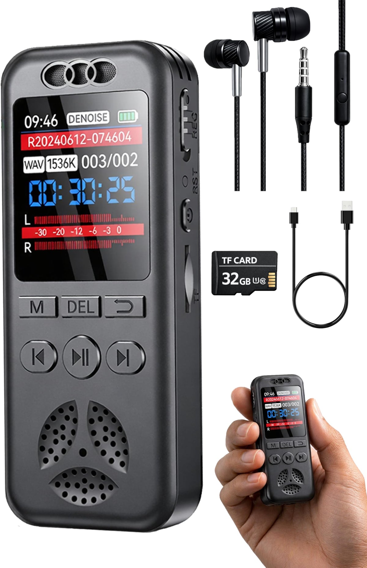 Cappsu 32GB digital voice recorder front view highlighting compact portability and crisp notes