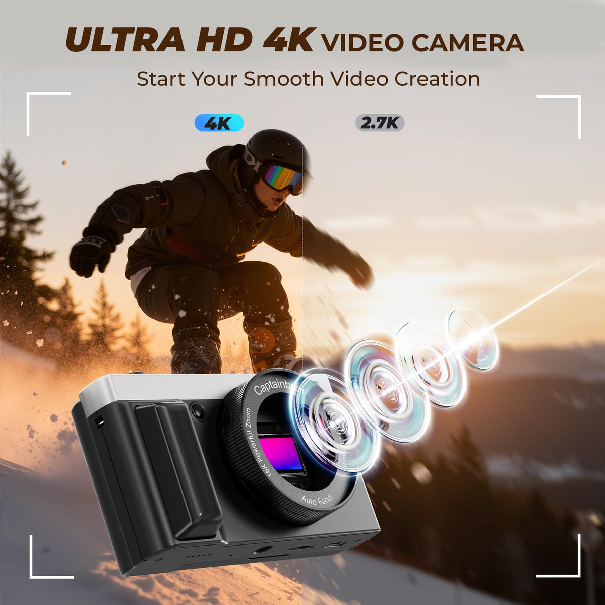 Captainbear compact camera with 180° flip screen ideal for vlogging selfies.
