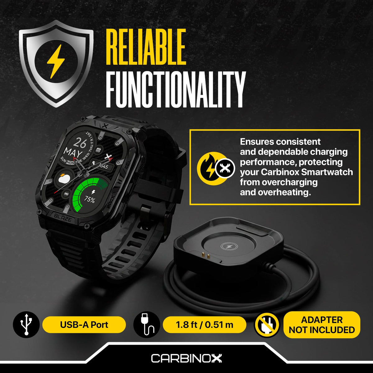 Carbinox charger attached to smartwatch demonstrating fast convenient charging