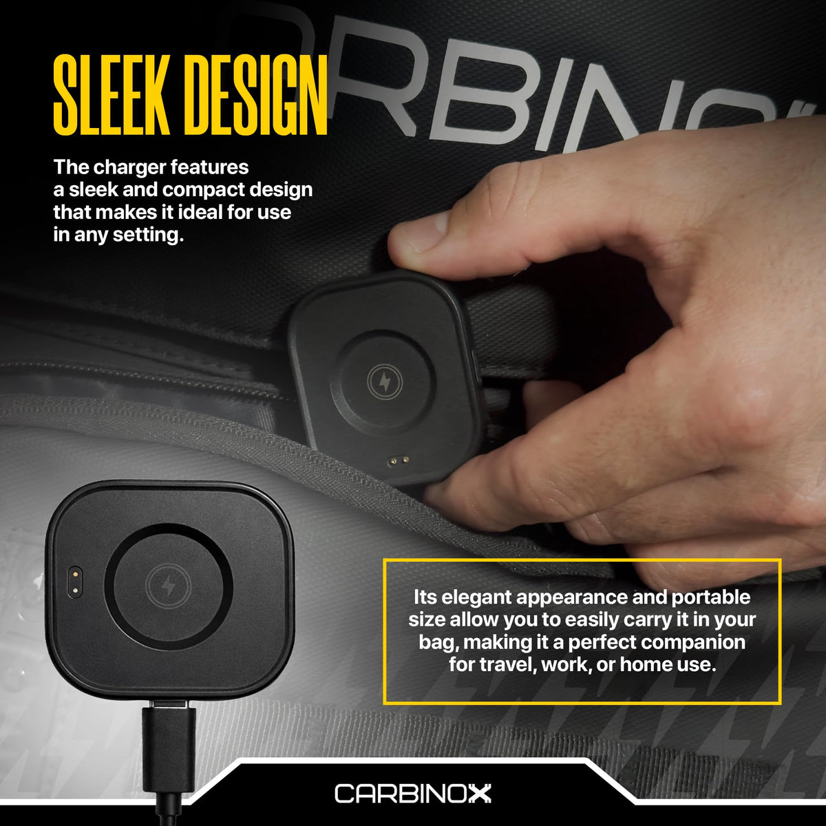 Carbinox Edge USB charger close-up shows premium finish and ports.