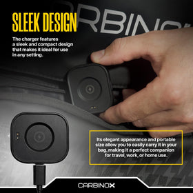 Carbinox Edge USB charger close-up shows premium finish and ports.