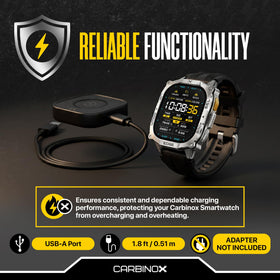 Carbinox Edge USB charger in use with smartwatch dock for convenient charging.