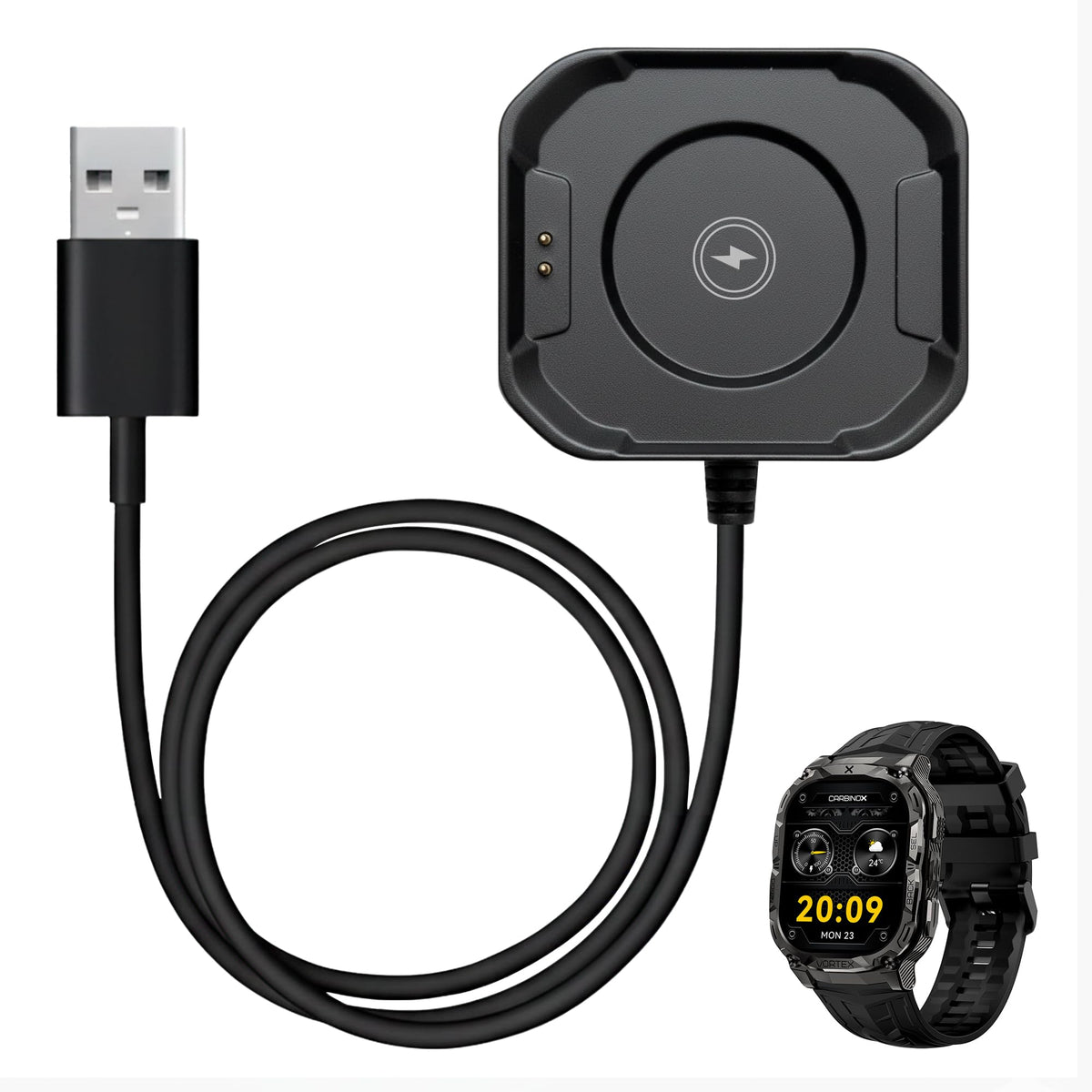 Carbinox USB charger front view powering Carbinox smartwatch quickly
