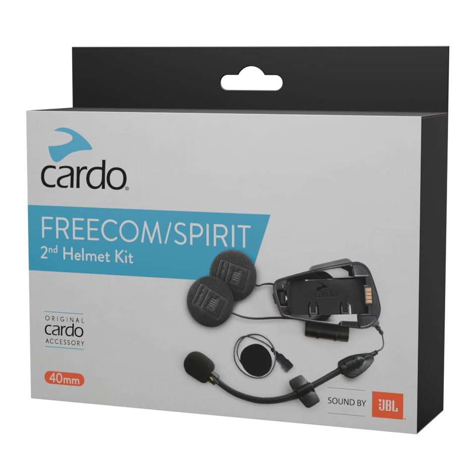Cardo Freecom-X/Spirit 2ND JBL Kit module installed on a helmet for improved riding audio