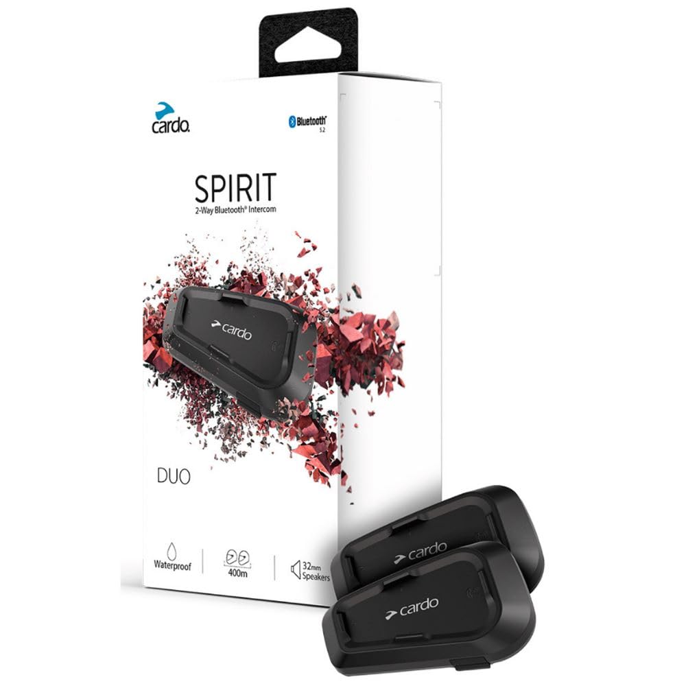 Cardo Spirit headset front view on helmet for hands-free rider communication.
