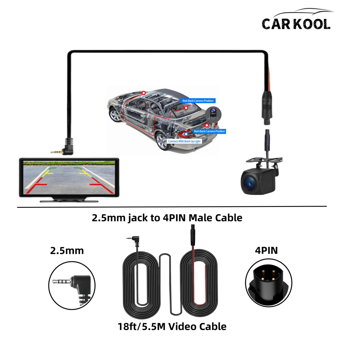CARKOOL IP68 waterproof rear camera withstands rain and dust