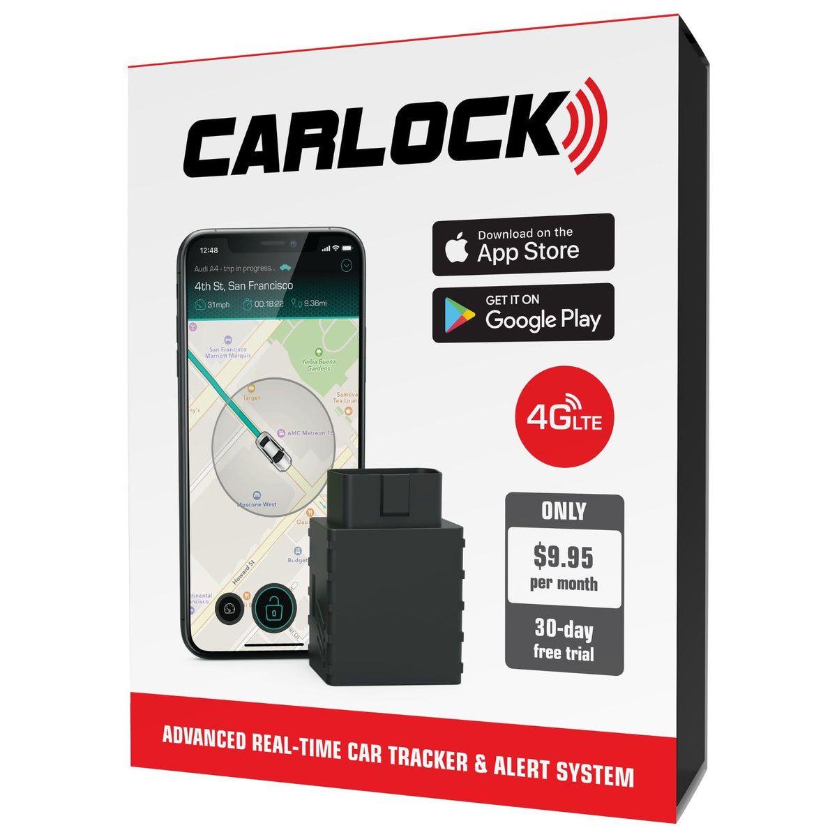 CARLOCK front view of device and packaging showing compact secure design