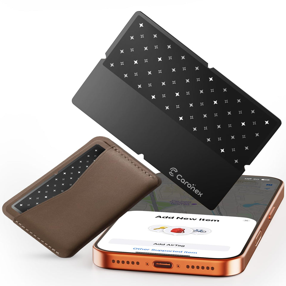 Caronex wallet-tracker card rests in a slim wallet, helping you locate it fast