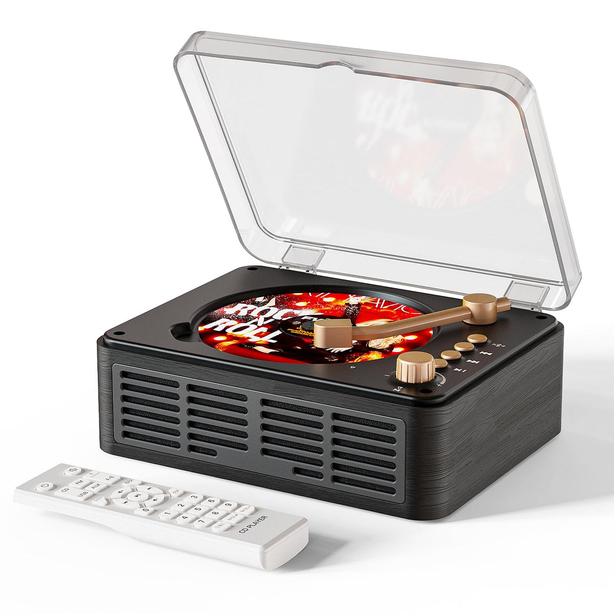 CARONSORT front view wooden cabinet showing retro design and clear controls for stylish playback