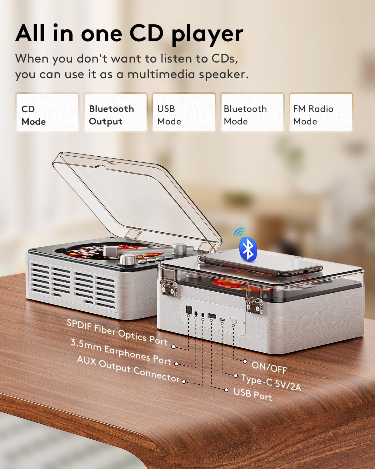 CARONSORT remote and front controls displayed for quick bass and playback adjustments