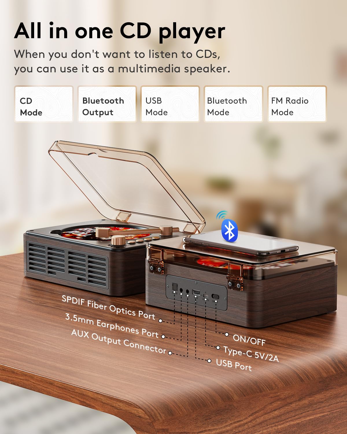 CARONSORT remote and front controls with one‑touch bass boost for simpler operation