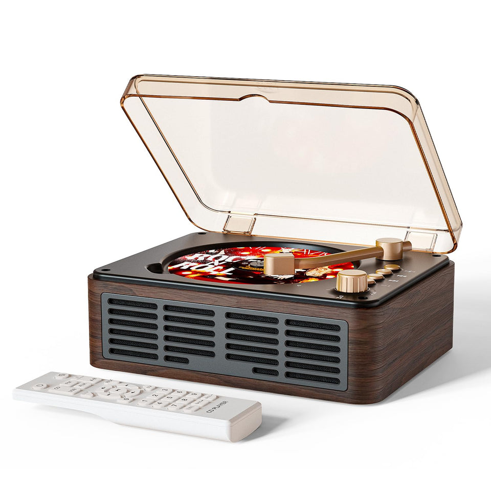 CARONSORT walnut front view showing speakers and wood finish for warm room sound