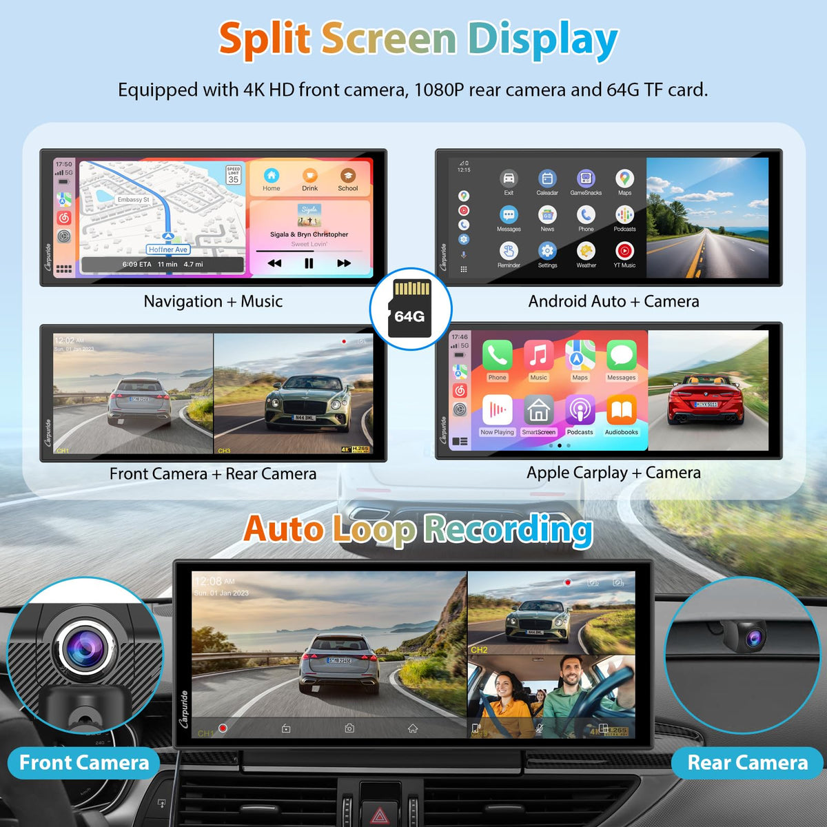 Carpuride rear camera view for additional driving perspective