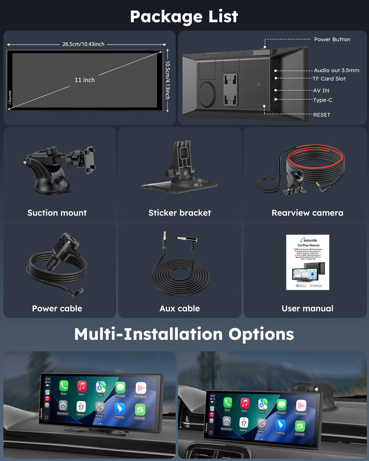Carpuride 11-inch CarPlay screen night brightness adjustable for clear visibility.