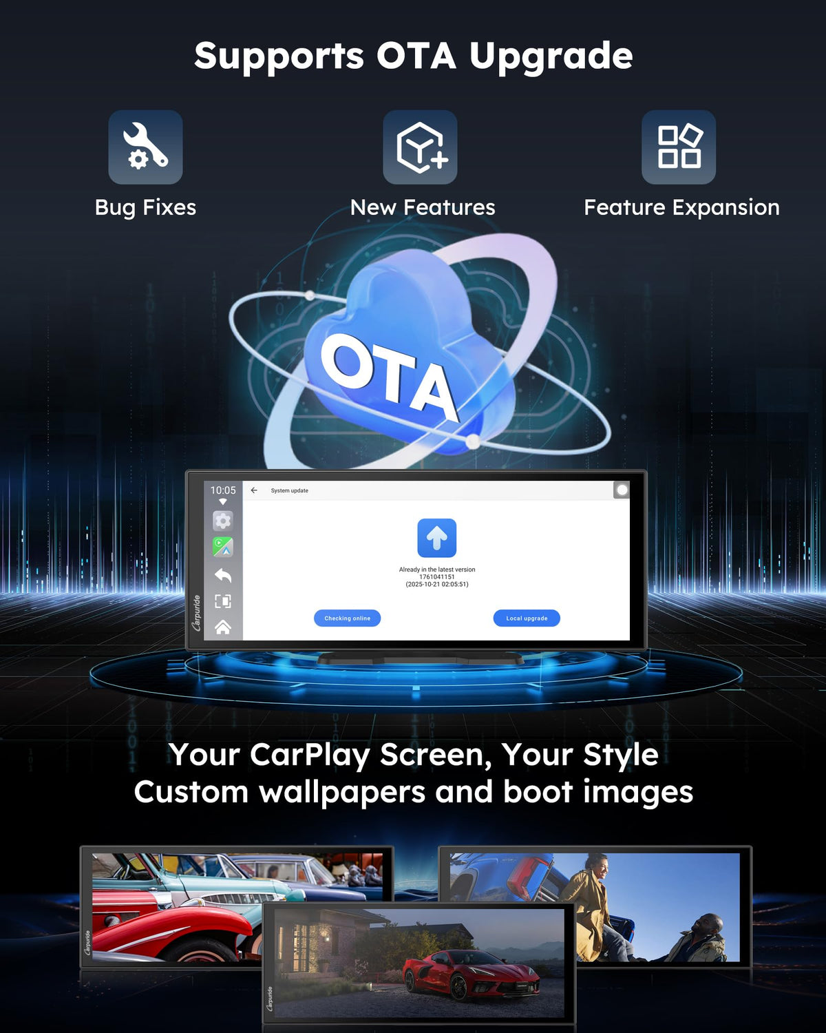 Carpuride 11-inch CarPlay screen OTA updates keeping features fresh.