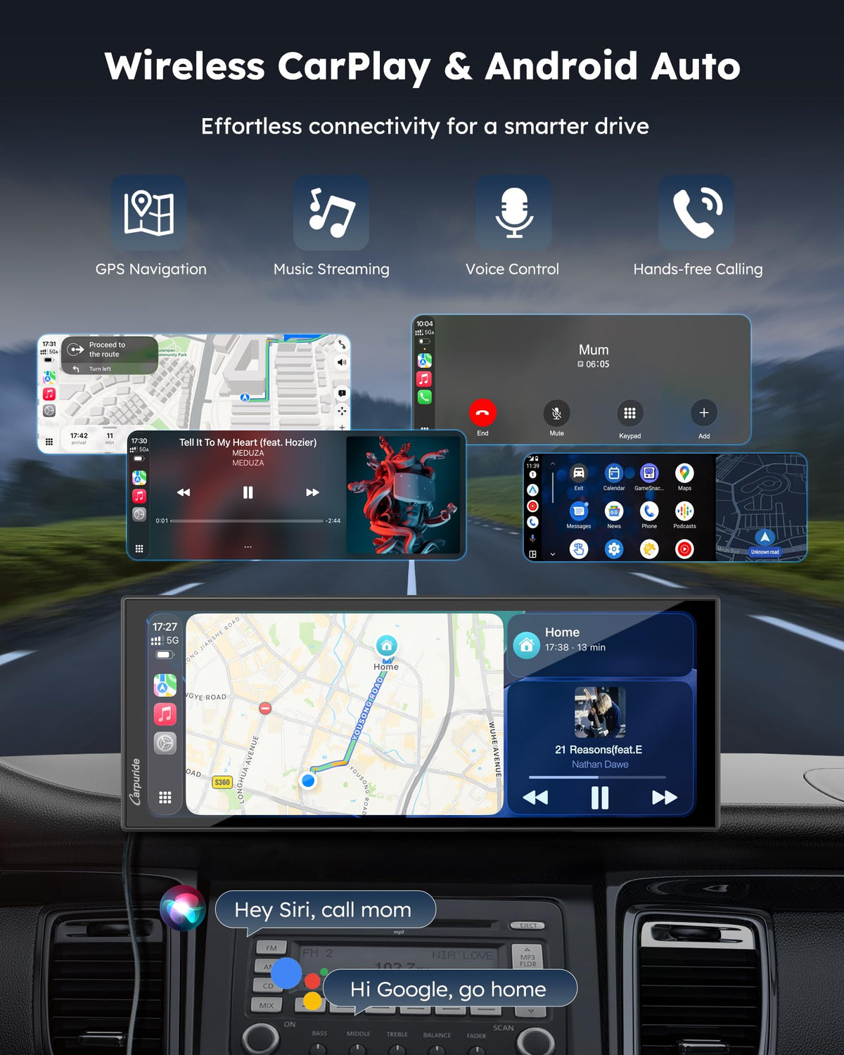 Carpuride 11-inch CarPlay screen rear camera view for safe parking.