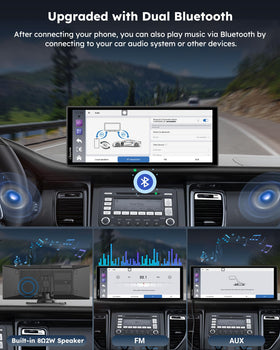 Carpuride 11-inch CarPlay screen split-screen multitasking for navigation and media.