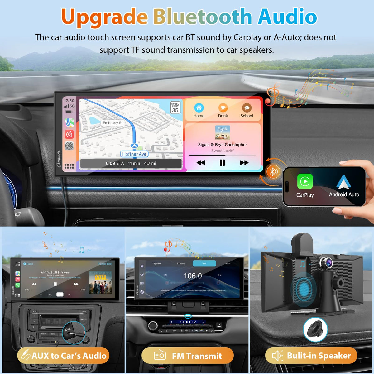 Carpuride anti-glare IPS touchscreen with adaptive brightness