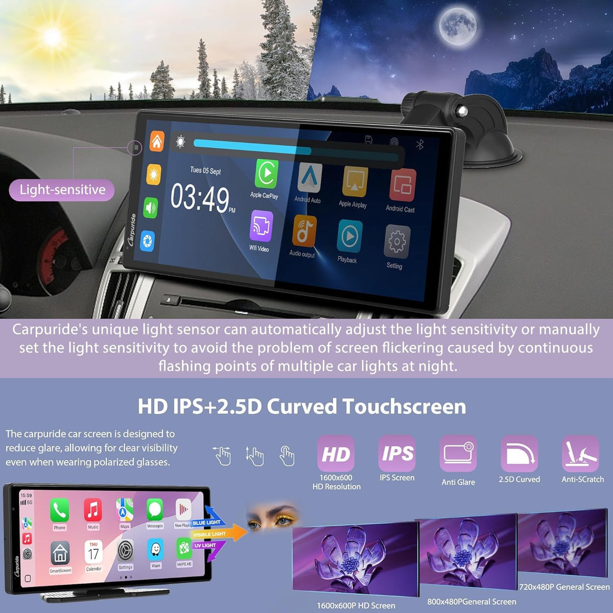 Carpuride anti-glare touchscreen with auto brightness for daytime driving.