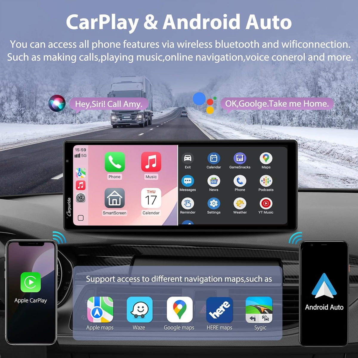 Carpuride CarPlay and Android Auto screen mirrors apps and navigation.
