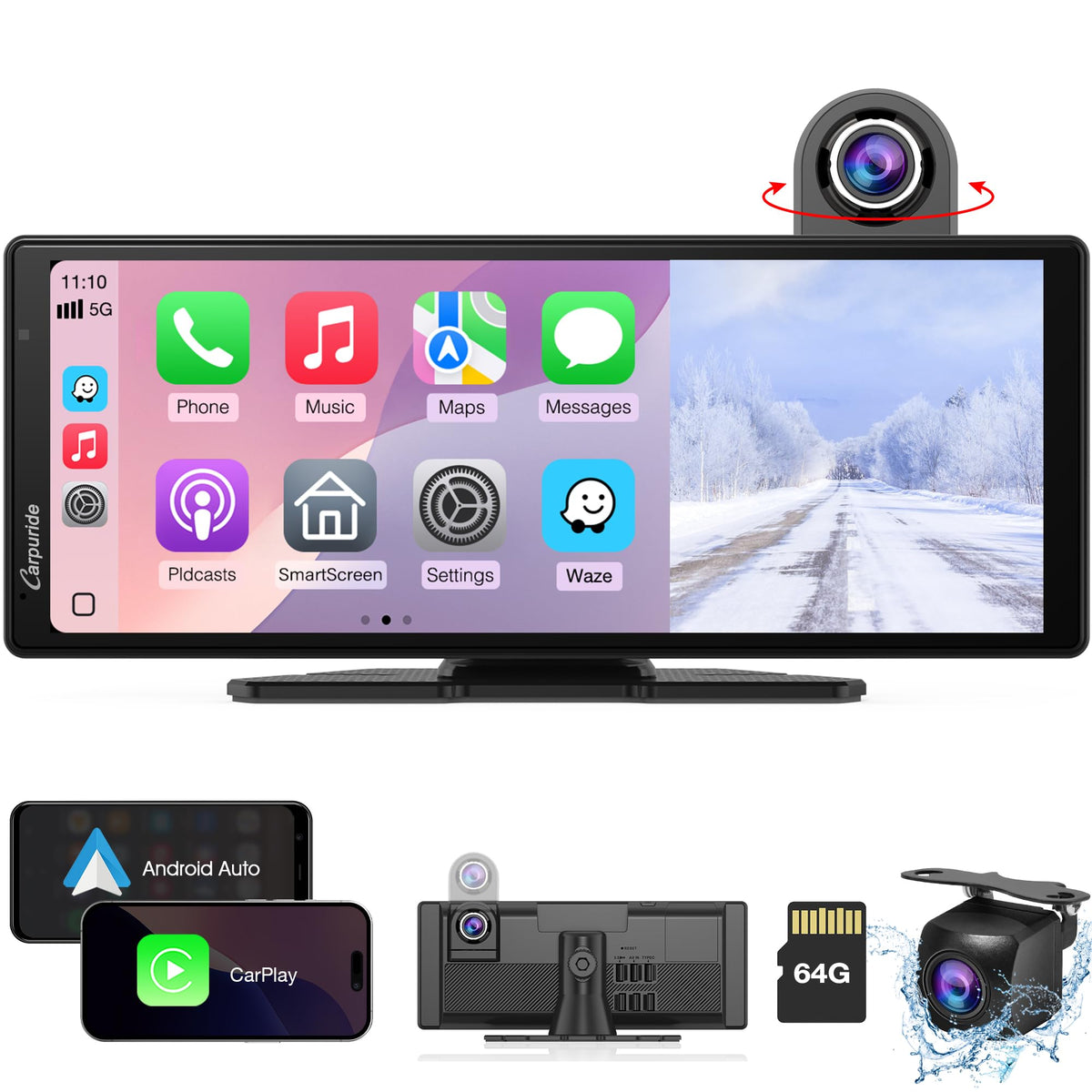 Carpuride dashcam 10-26 inch screen provides a clear, connected driving display.