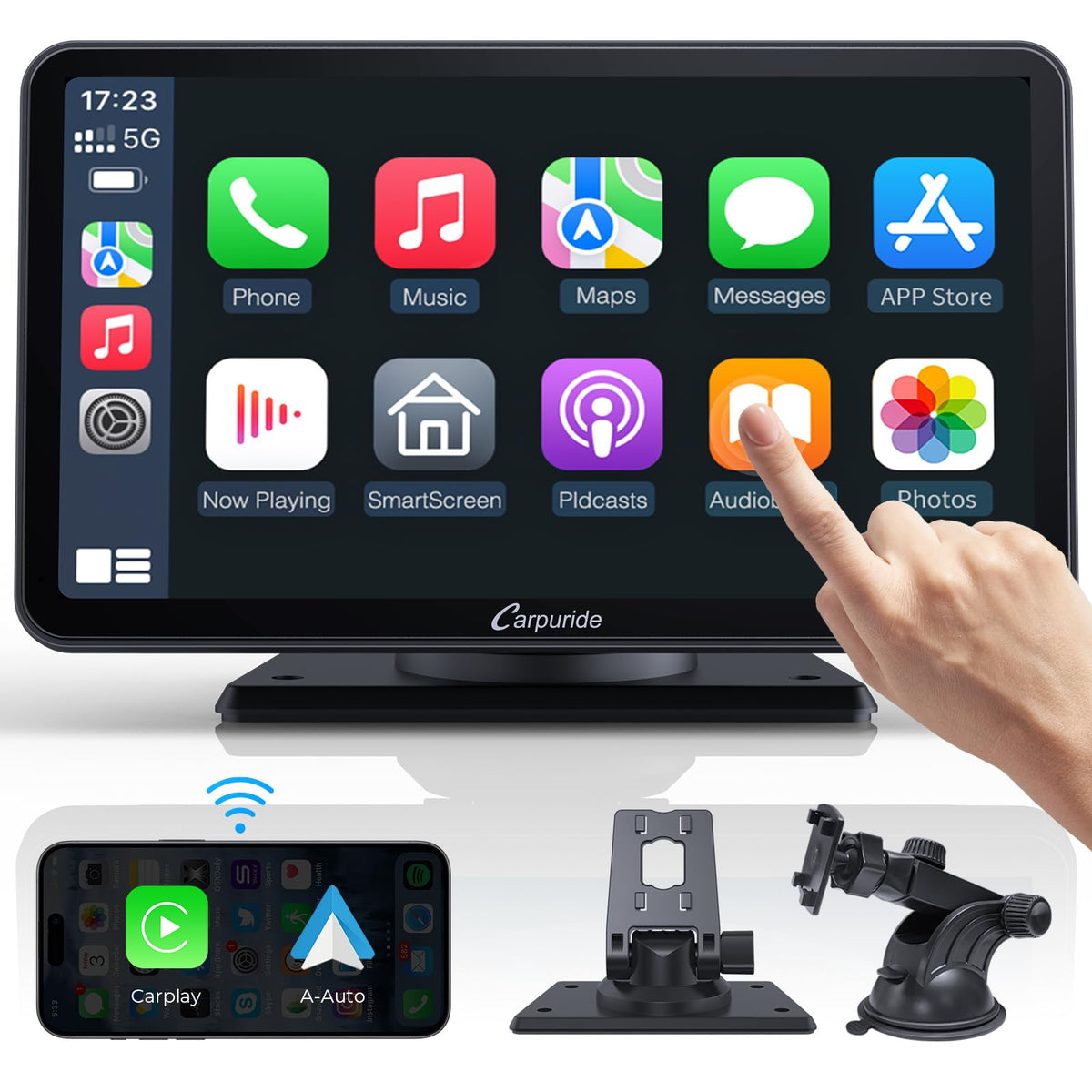 Carpuride portable 7-inch CarPlay display enables wireless navigation on the road.