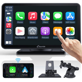 Carpuride portable 7-inch CarPlay display enables wireless navigation on the road.