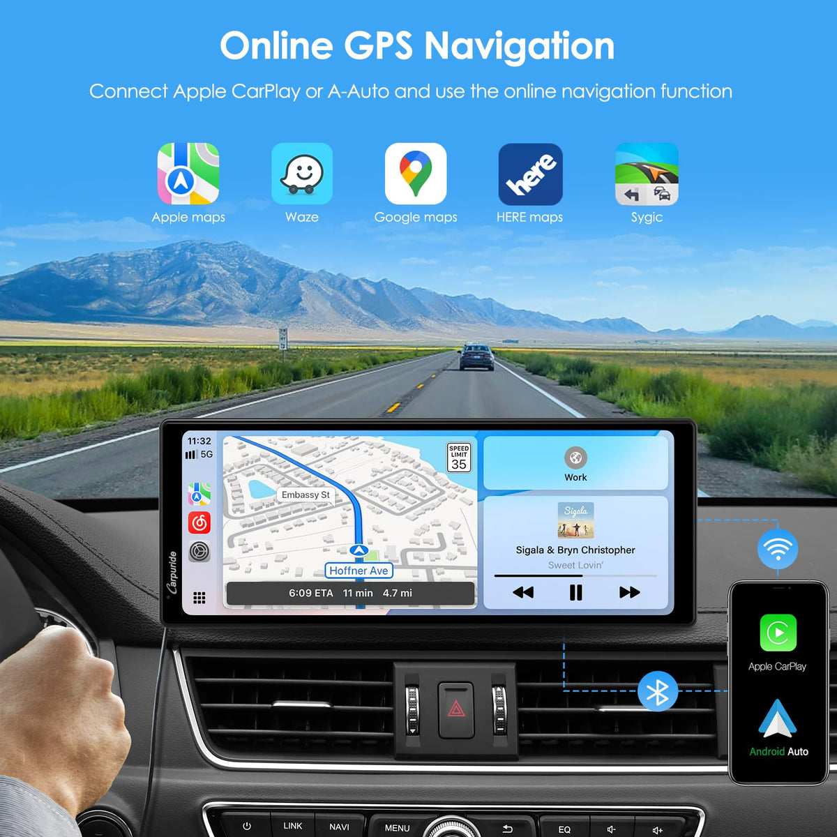 Carpuride real-time maps navigation on a large IPS screen