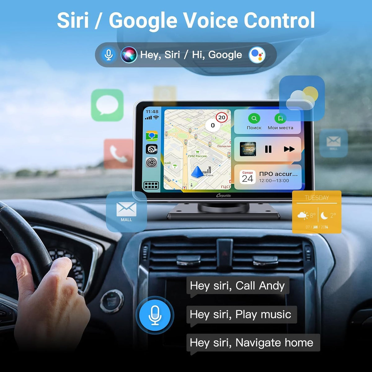 Carpuride with Siri/Google voice control supports hands-free commands and calls.