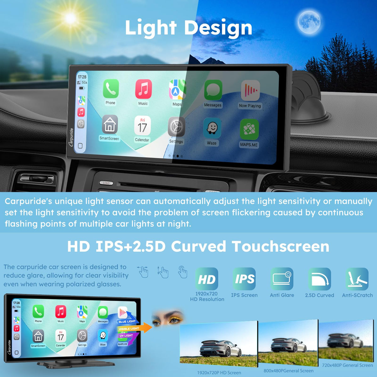Carpuride W125S anti-glare screen for comfortable viewing