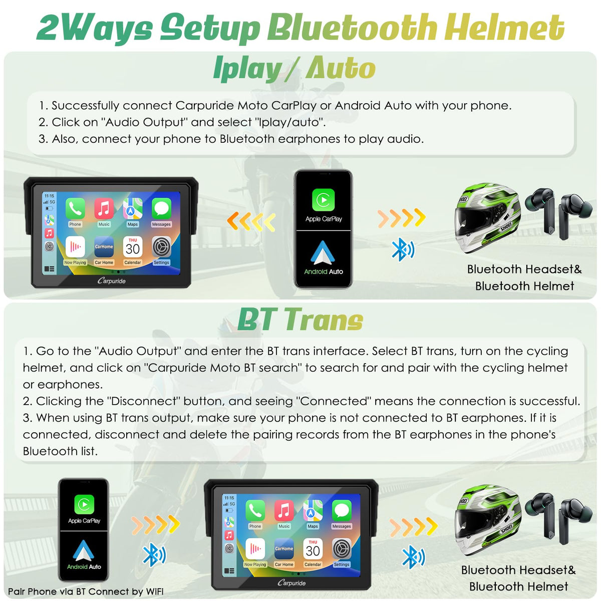 Carpuride W502 dual Bluetooth connections to phone and helmet headset.