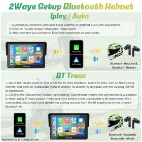 Carpuride W502 dual Bluetooth connections to phone and helmet headset.