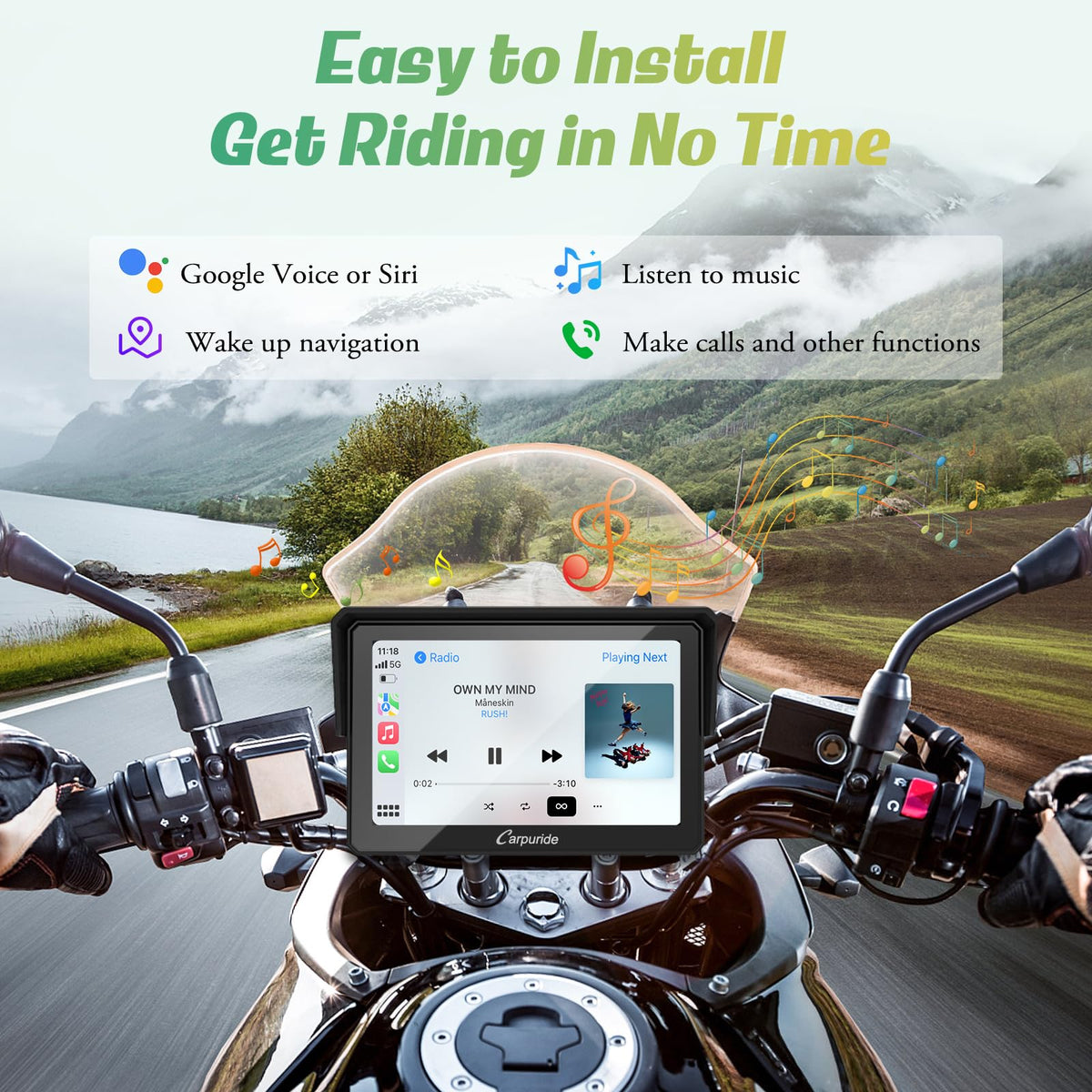 Carpuride W502 IP67 waterproof unit handling rain and spray during rides.
