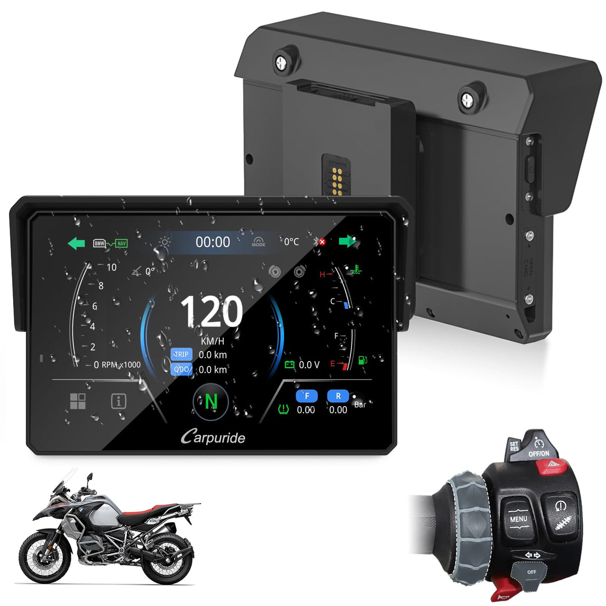 Carpuride W502BS BMW motorcycle screen with navigation and data readouts