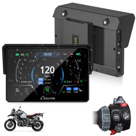 Carpuride W502BS BMW motorcycle screen with navigation and data readouts
